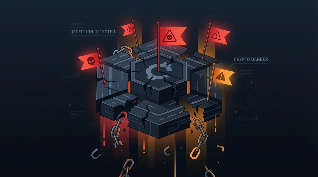 Red warning flags on crumbling crypto platform with broken chain links